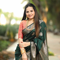 Regal Green & Gold Banarasi Silk Saree with Contrasting Red Brocade Blouse