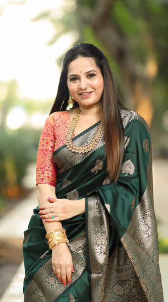 Regal Green & Gold Banarasi Silk Saree with Contrasting Red Brocade Blouse