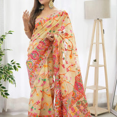 Banarasi Silk Saree Printed– Rich Fabric, Royal Look Light Yellow