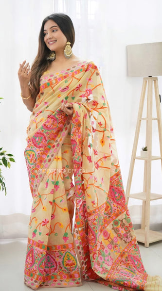 Banarasi Silk Saree Printed– Rich Fabric, Royal Look Light Yellow