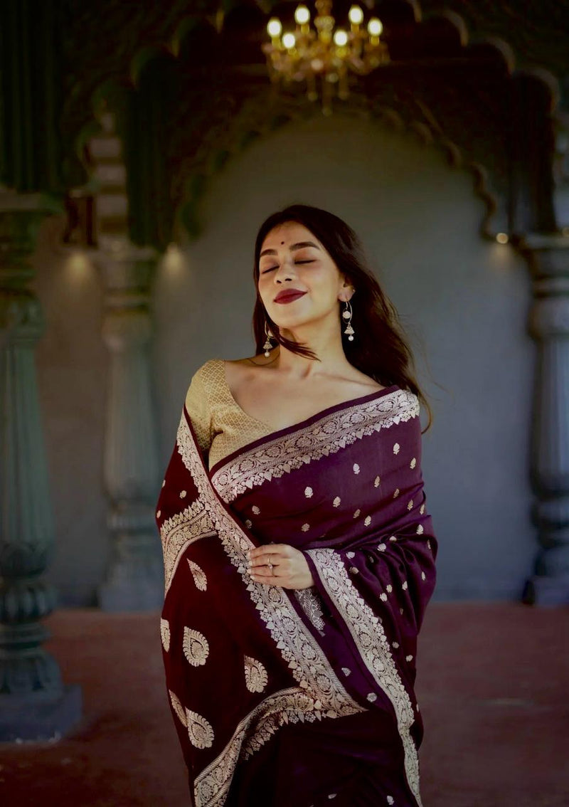 Elegant Banarasi Silk Saree with Gold Zari Embellishments Wine