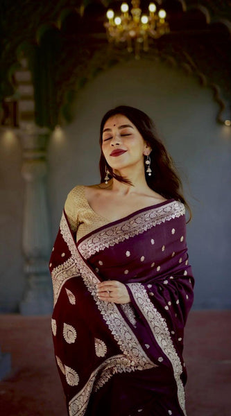 Elegant Banarasi Silk Saree with Gold Zari Embellishments Wine