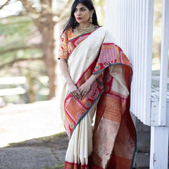 Pure Banarasi Silk Saree with Intricate Weaving White with red Big Border