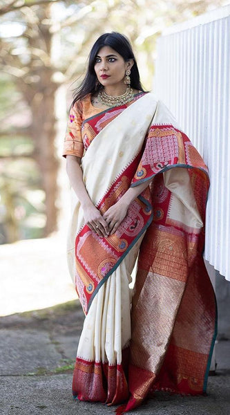 Pure Banarasi Silk Saree with Intricate Weaving White with red Big Border