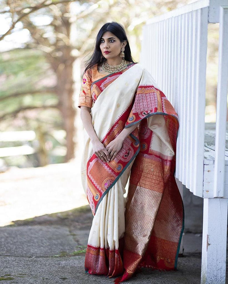 Pure Banarasi Silk Saree with Intricate Weaving White with red Big Border