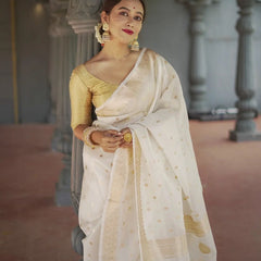 Elegant Banarasi Silk Saree with Gold Zari Embellishments White