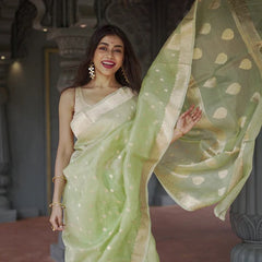 Elegant Banarasi Silk Saree with Gold Zari Embellishments Pista Green