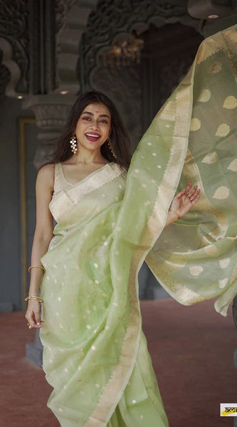 Elegant Banarasi Silk Saree with Gold Zari Embellishments Pista Green