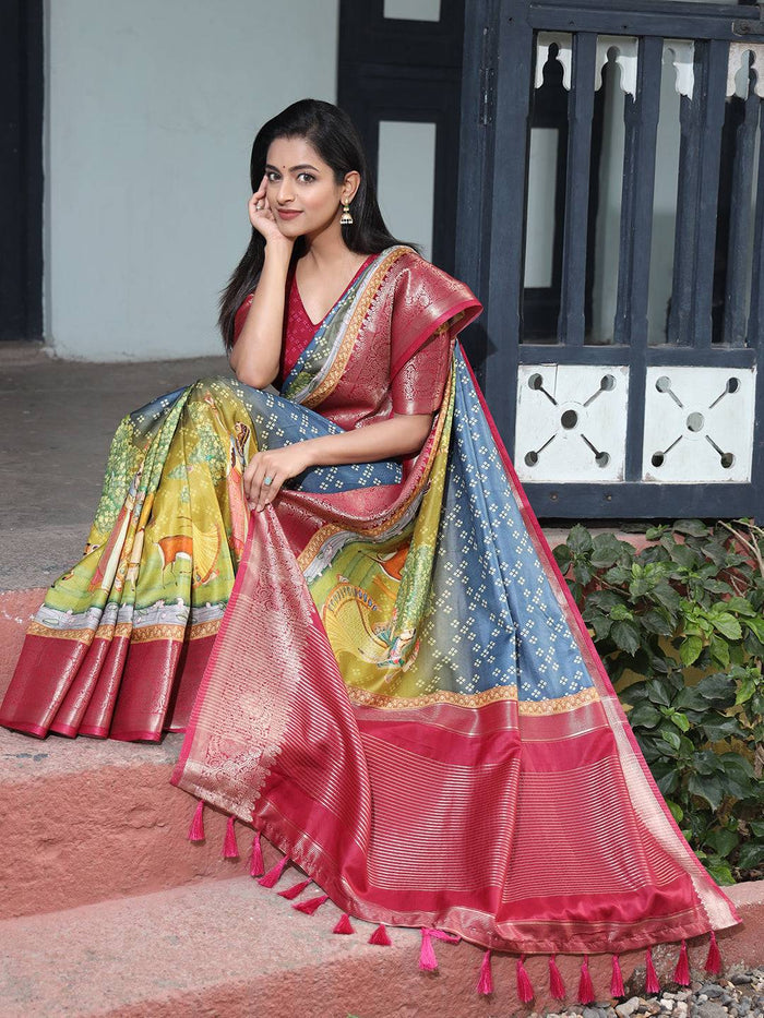 Premium Pure Viscose Dola Silk Saree & Pichwai Kalamkari Design