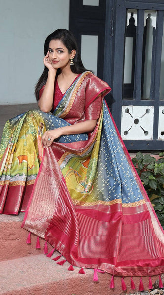 Premium Pure Viscose Dola Silk Saree & Pichwai Kalamkari Design