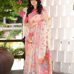 Printed Banarasi Silk Saree with Heavy Zari Brocade White