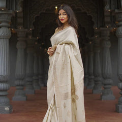 Elegant Banarasi Silk Saree with Gold Zari Embellishments Cream
