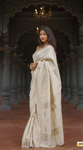 Elegant Banarasi Silk Saree with Gold Zari Embellishments Cream