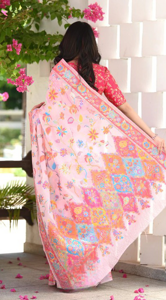 Printed Banarasi Silk Saree with Heavy Zari Brocade Pink Saree