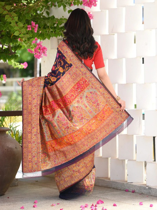 Elegant Banarasi Silk Saree with Zari Border & Pallu Blue