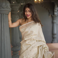 Elegant Banarasi Silk Saree with Gold Zari Embellishments Cream