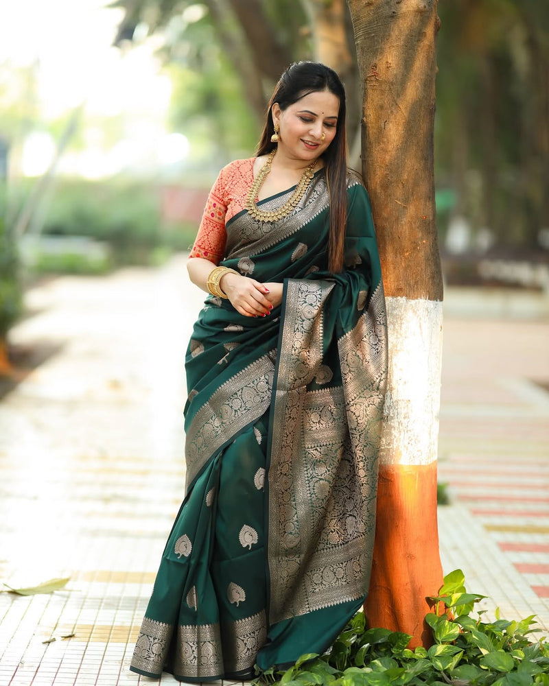 Regal Green & Gold Banarasi Silk Saree with Contrasting Red Brocade Blouse