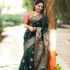 Regal Green & Gold Banarasi Silk Saree with Contrasting Red Brocade Blouse