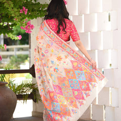 Printed Banarasi Silk Saree with Heavy Zari Brocade White