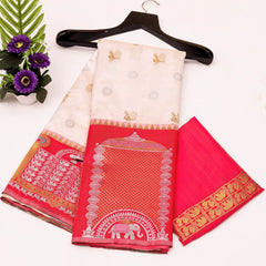 Pure Banarasi Silk Saree with Intricate Weaving White with red Big Border