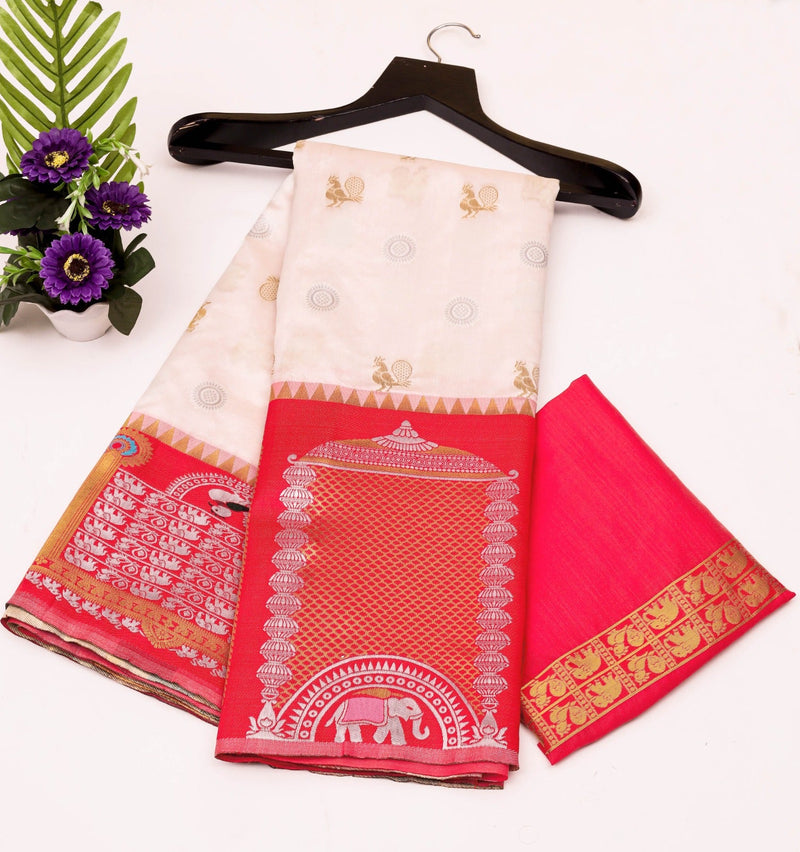 Pure Banarasi Silk Saree with Intricate Weaving White with red Big Border