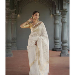 Elegant Banarasi Silk Saree with Gold Zari Embellishments White
