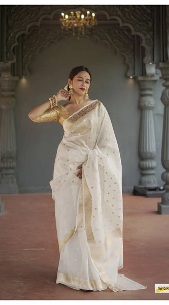 Elegant Banarasi Silk Saree with Gold Zari Embellishments White