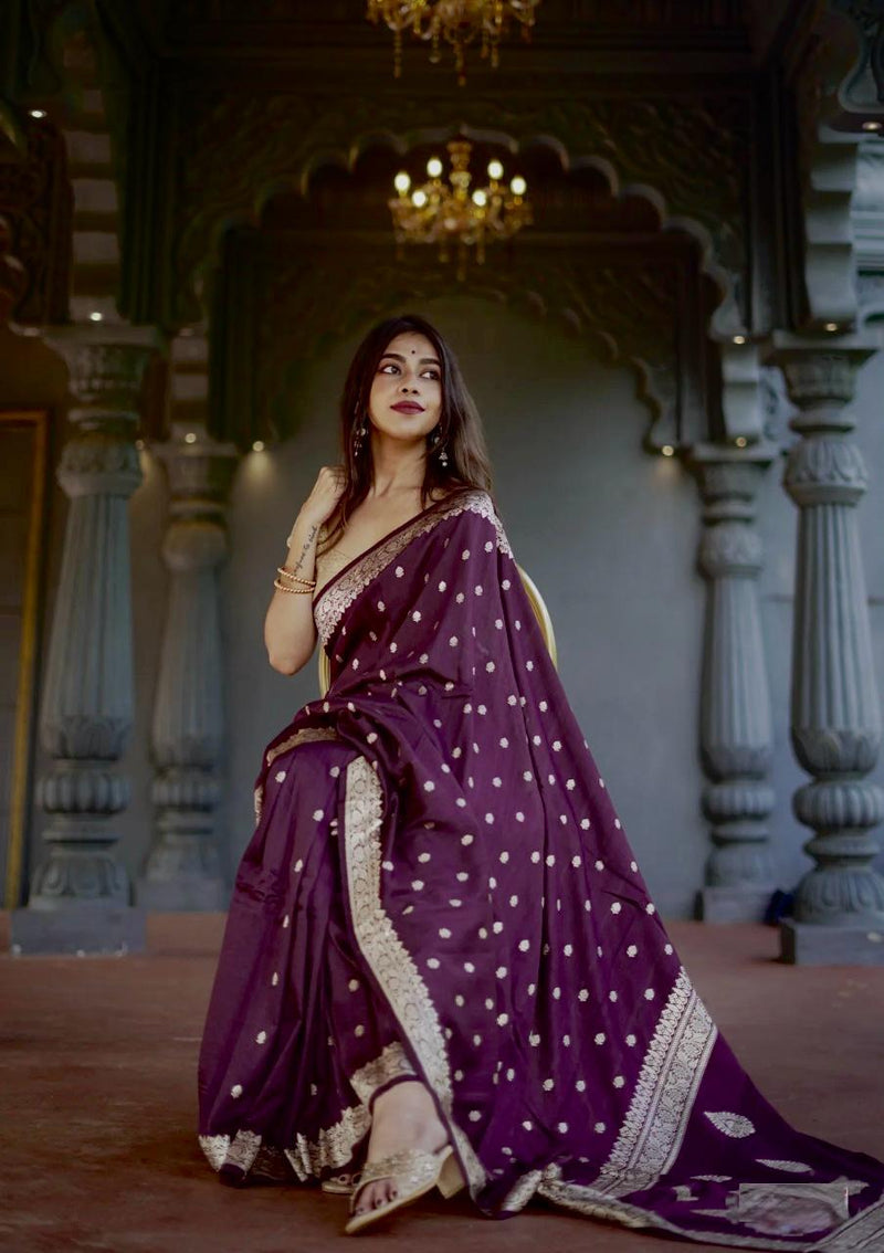 Elegant Banarasi Silk Saree with Gold Zari Embellishments Wine