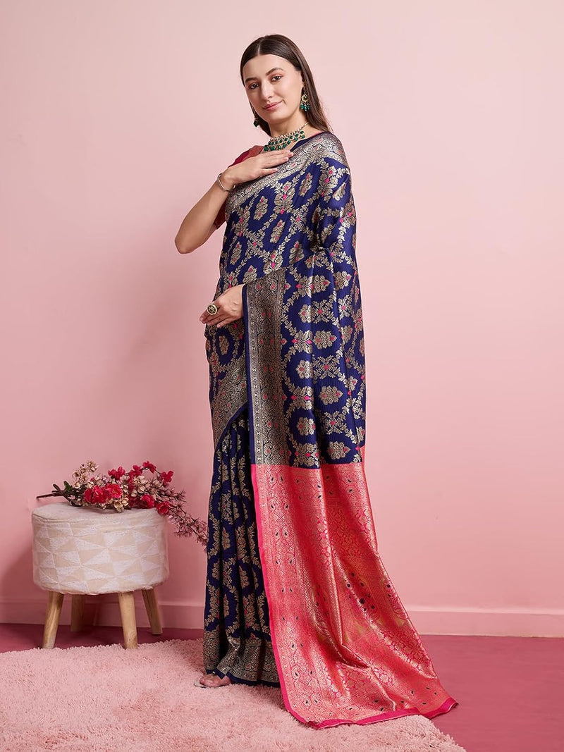 Majestic Navy Blue Banarasi Silk Saree with Rani Pink Rich Pallu