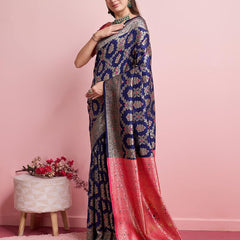 Majestic Navy Blue Banarasi Silk Saree with Rani Pink Rich Pallu