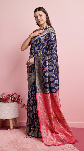 Majestic Navy Blue Banarasi Silk Saree with Rani Pink Rich Pallu