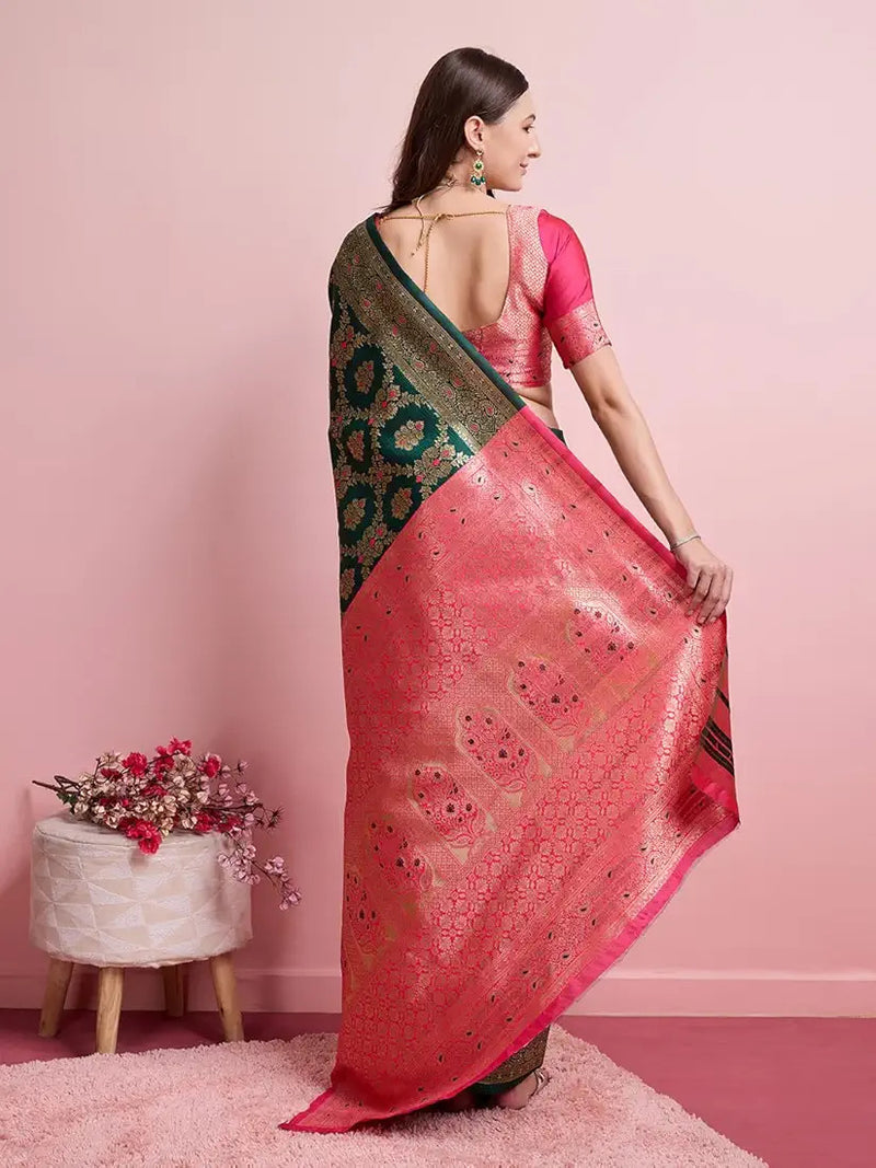 Regal Green & Gold Banarasi Silk Saree with Contrasting Pink Blouse