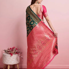 Regal Green & Gold Banarasi Silk Saree with Contrasting Pink Blouse