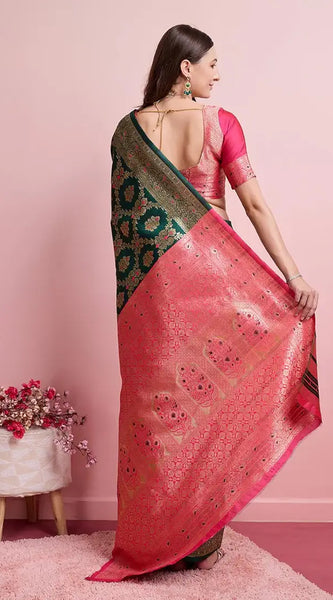 Regal Green & Gold Banarasi Silk Saree with Contrasting Pink Blouse