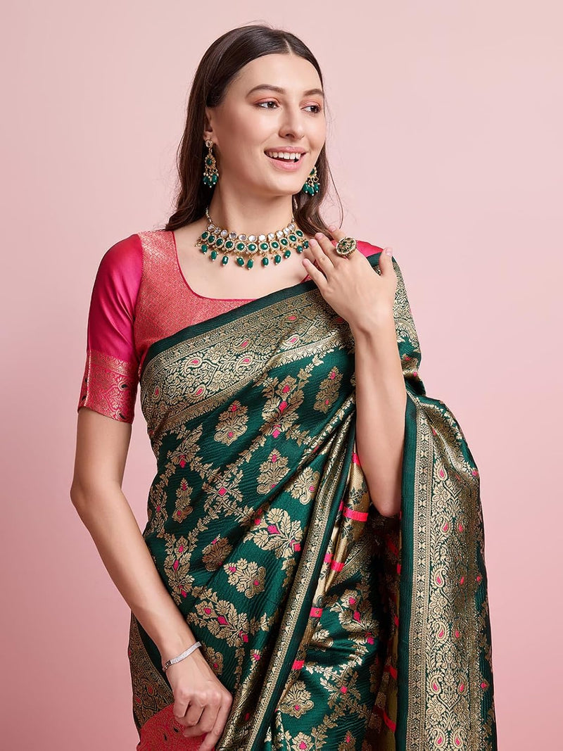 Regal Green & Gold Banarasi Silk Saree with Contrasting Pink Blouse