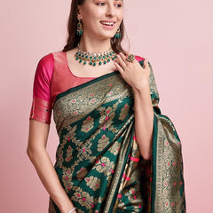 Regal Green & Gold Banarasi Silk Saree with Contrasting Pink Blouse