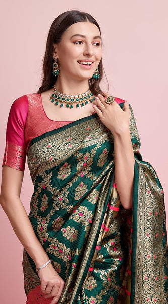 Regal Green & Gold Banarasi Silk Saree with Contrasting Pink Blouse