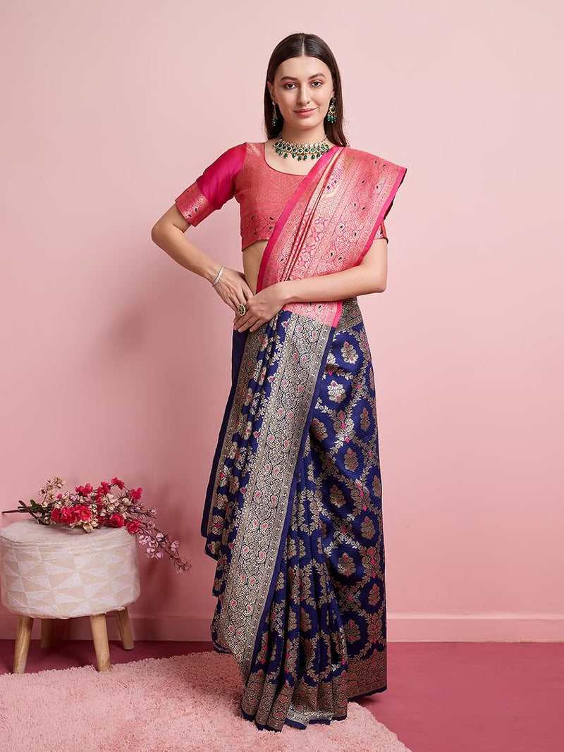 Majestic Navy Blue Banarasi Silk Saree with Rani Pink Rich Pallu