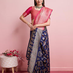 Majestic Navy Blue Banarasi Silk Saree with Rani Pink Rich Pallu