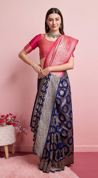 Majestic Navy Blue Banarasi Silk Saree with Rani Pink Rich Pallu
