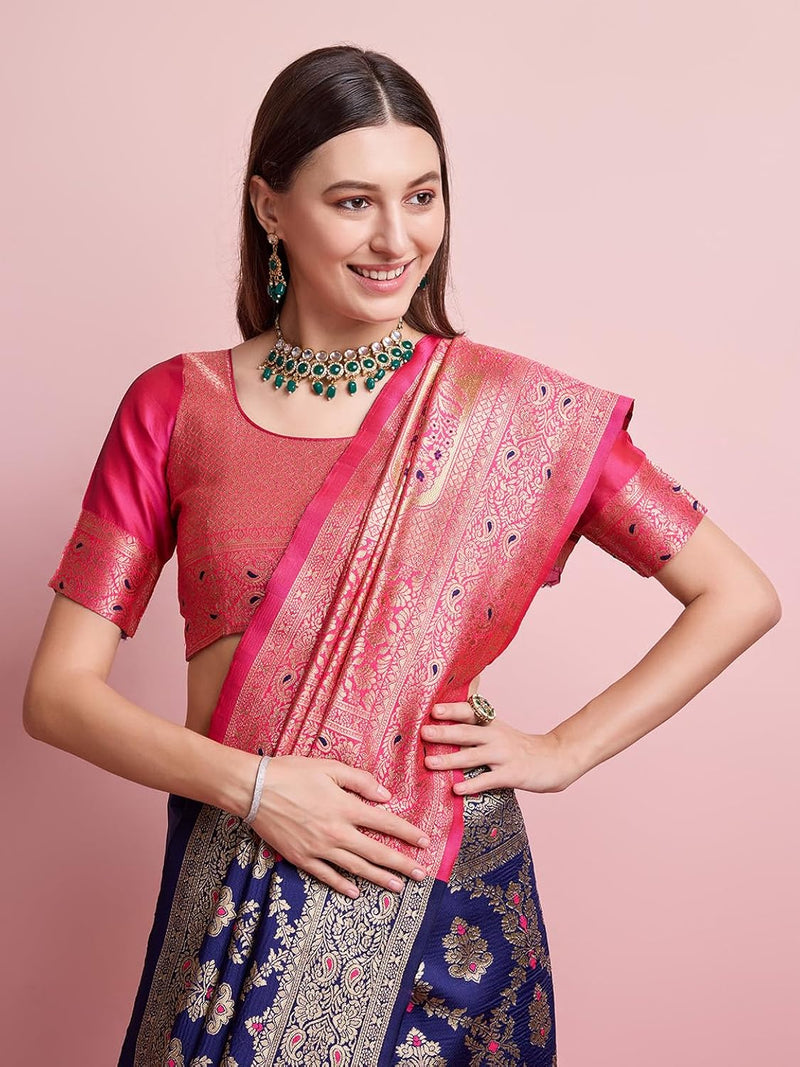 Majestic Navy Blue Banarasi Silk Saree with Rani Pink Rich Pallu