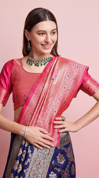 Majestic Navy Blue Banarasi Silk Saree with Rani Pink Rich Pallu