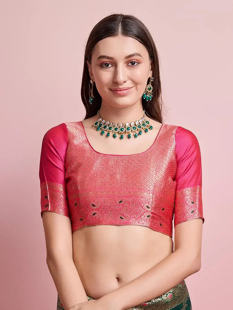 Regal Green & Gold Banarasi Silk Saree with Contrasting Pink Blouse