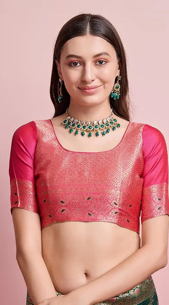 Regal Green & Gold Banarasi Silk Saree with Contrasting Pink Blouse