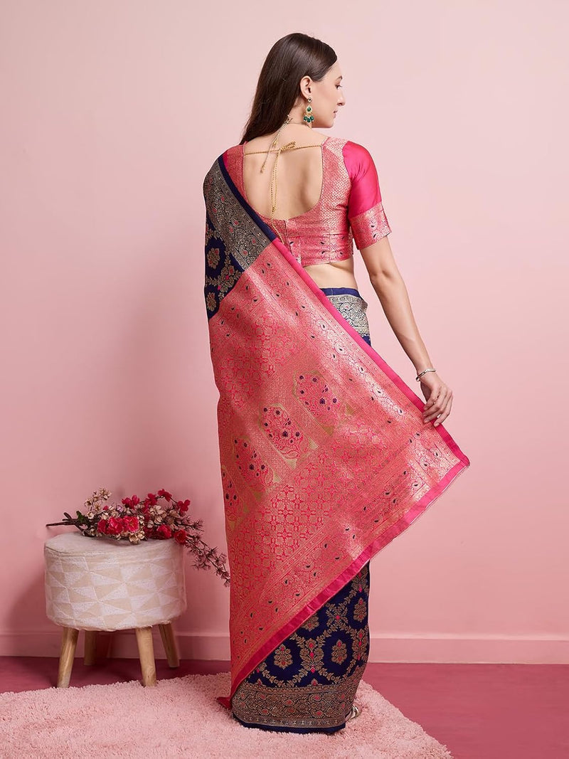 Regal Green & Gold Banarasi Silk Saree with Contrasting Pink Blouse