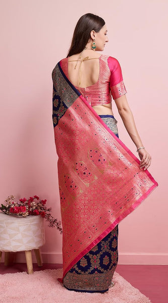 Regal Green & Gold Banarasi Silk Saree with Contrasting Pink Blouse