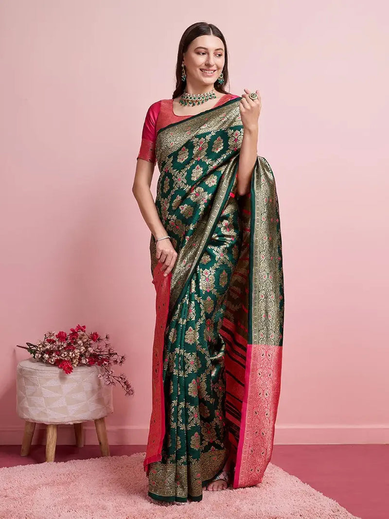 Regal Green & Gold Banarasi Silk Saree with Contrasting Pink Blouse