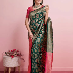 Regal Green & Gold Banarasi Silk Saree with Contrasting Pink Blouse
