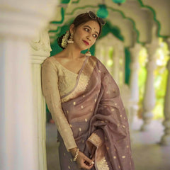 Elegant Banarasi Silk Saree with Gold Zari Embellishments Brown