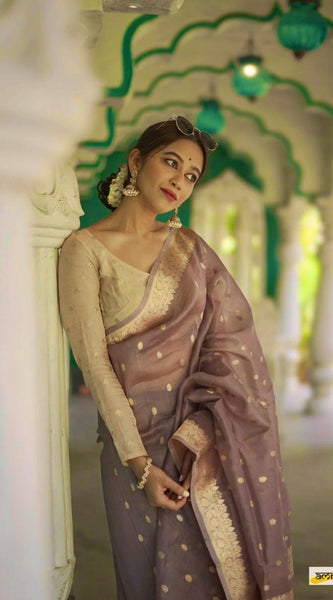 Elegant Banarasi Silk Saree with Gold Zari Embellishments Brown